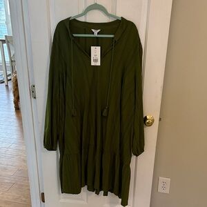 crown & ivy Olive Green Long Sleeve Tassel Tunic Dress
